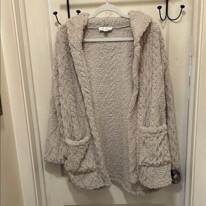 Plush Open-Front Hooded Cardigan Sweater - Taupe
